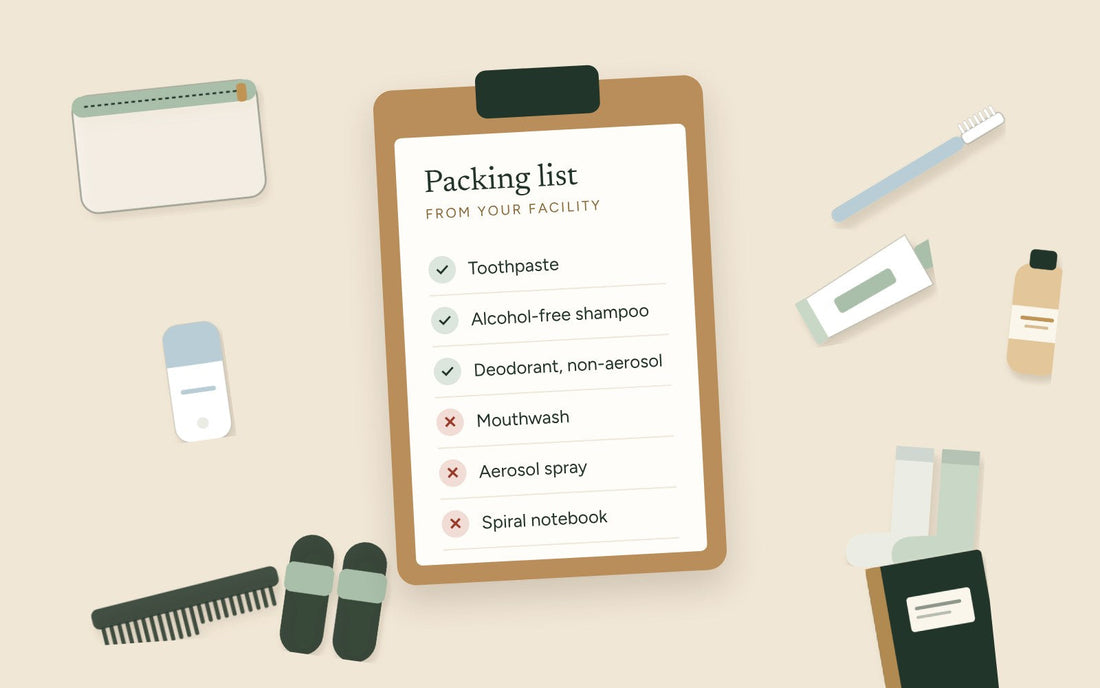 Clipboard with a facility packing list showing allowed and banned items