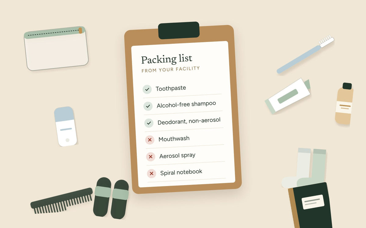 Clipboard with a facility packing list showing allowed and banned items
