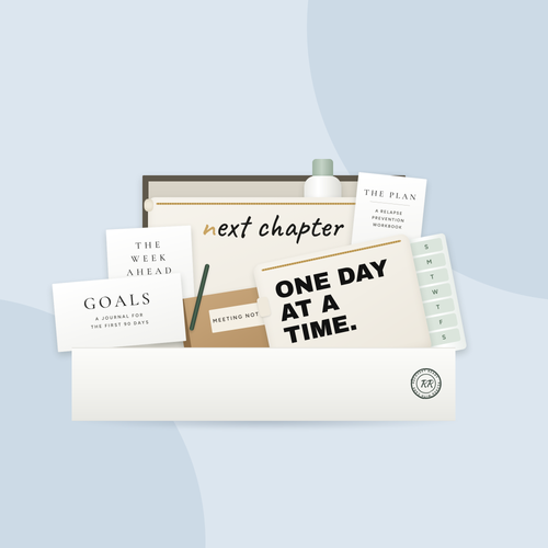 Recovery Ready Discharge Kit packed in a white gift box: planner, goals journal, relapse prevention workbook, meeting notebook, weekly pill organizer and canvas pouches