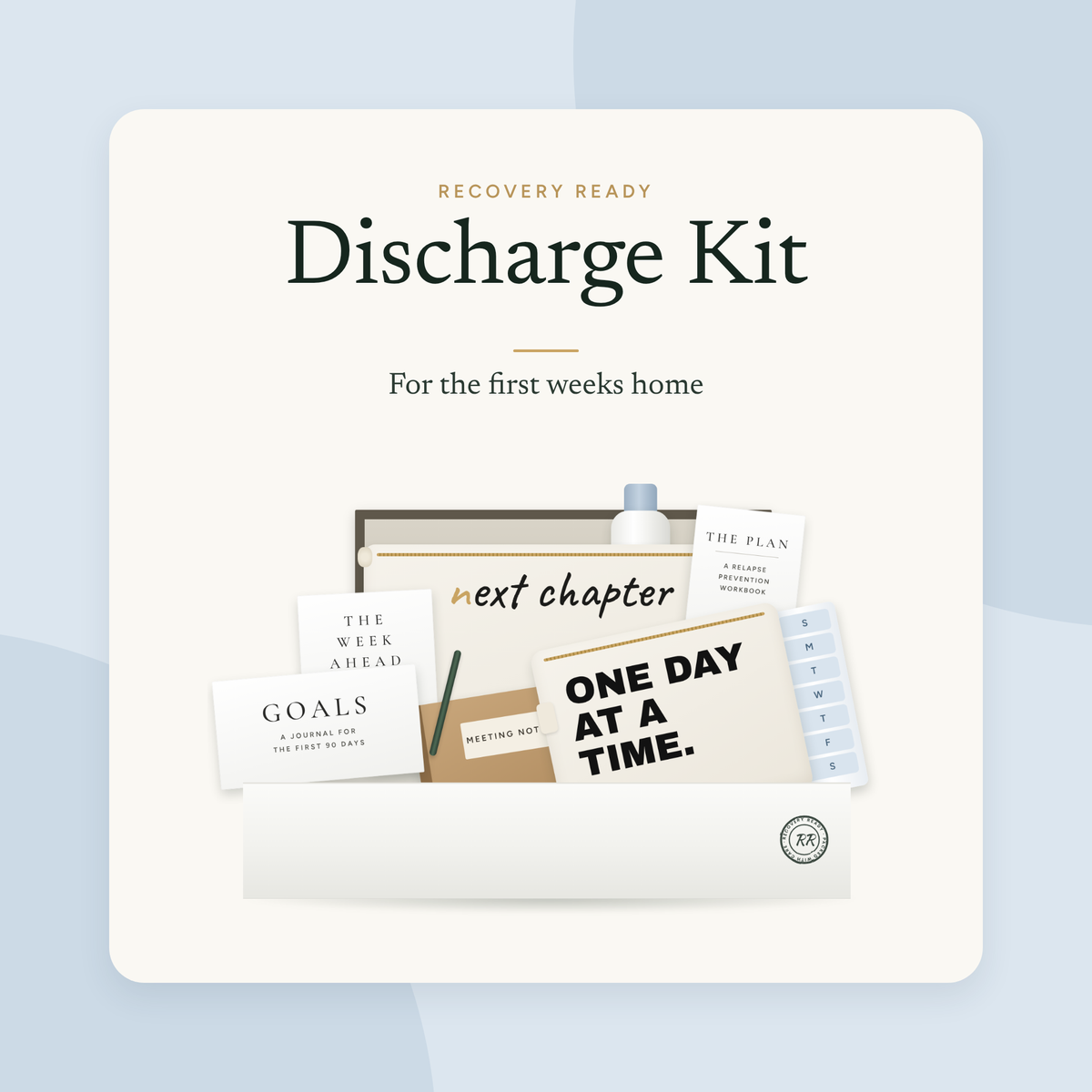 Recovery Ready Discharge Kit: open gift box with a weekly planner, goals journal, relapse prevention workbook, meeting notebook, pill organizer and water bottle