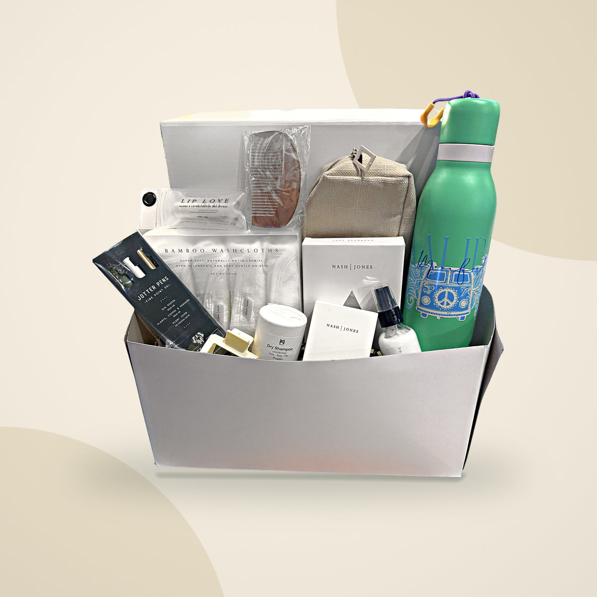 Recovery Ready Essential Kit packed in its gift box: toiletries, washcloths, comb, lip balm, toiletry bag and water bottle