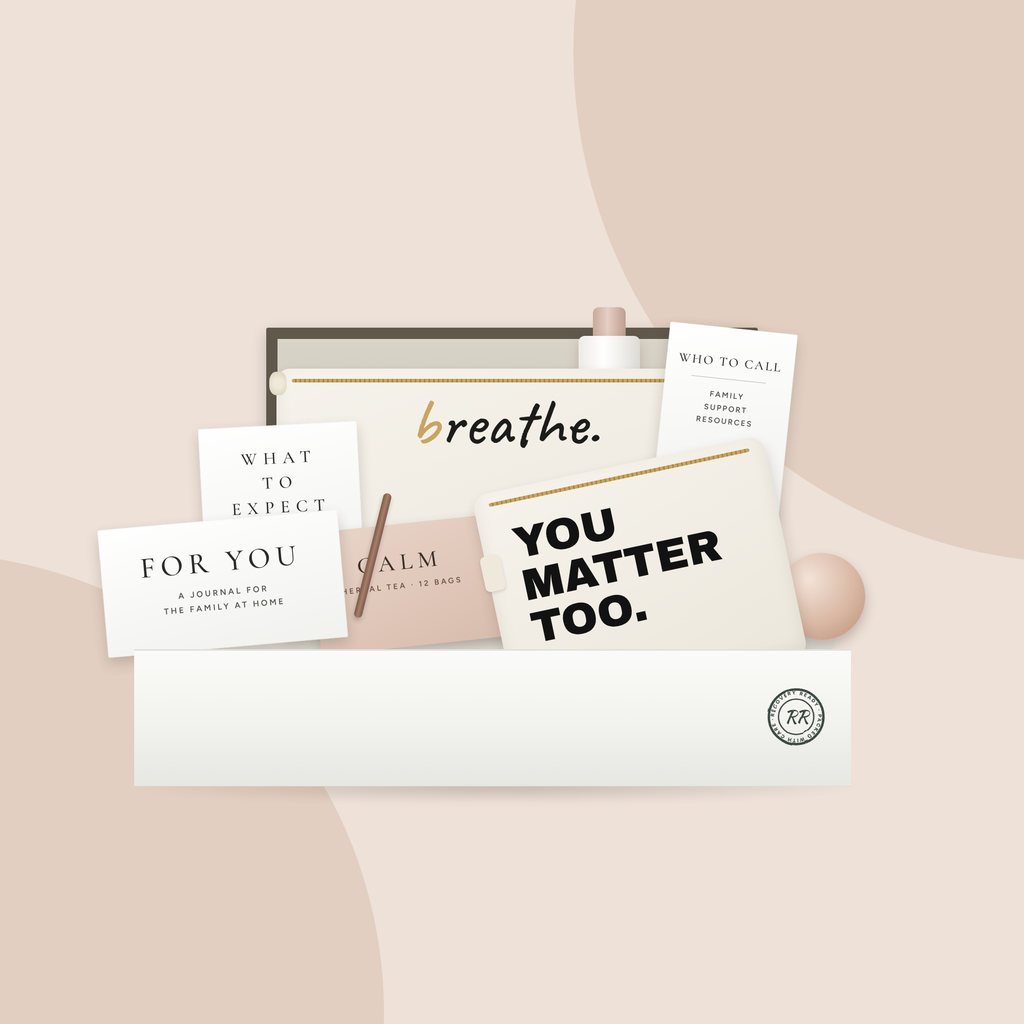 Recovery Ready Family Support Kit packed in a white gift box: what-to-expect guide, family journal, Calm herbal tea, support resources card, hand cream and canvas pouches