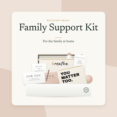 Recovery Ready Family Support Kit: gift box with a what-to-expect guide for families, a journal, herbal tea, a family support resources card and a stress ball